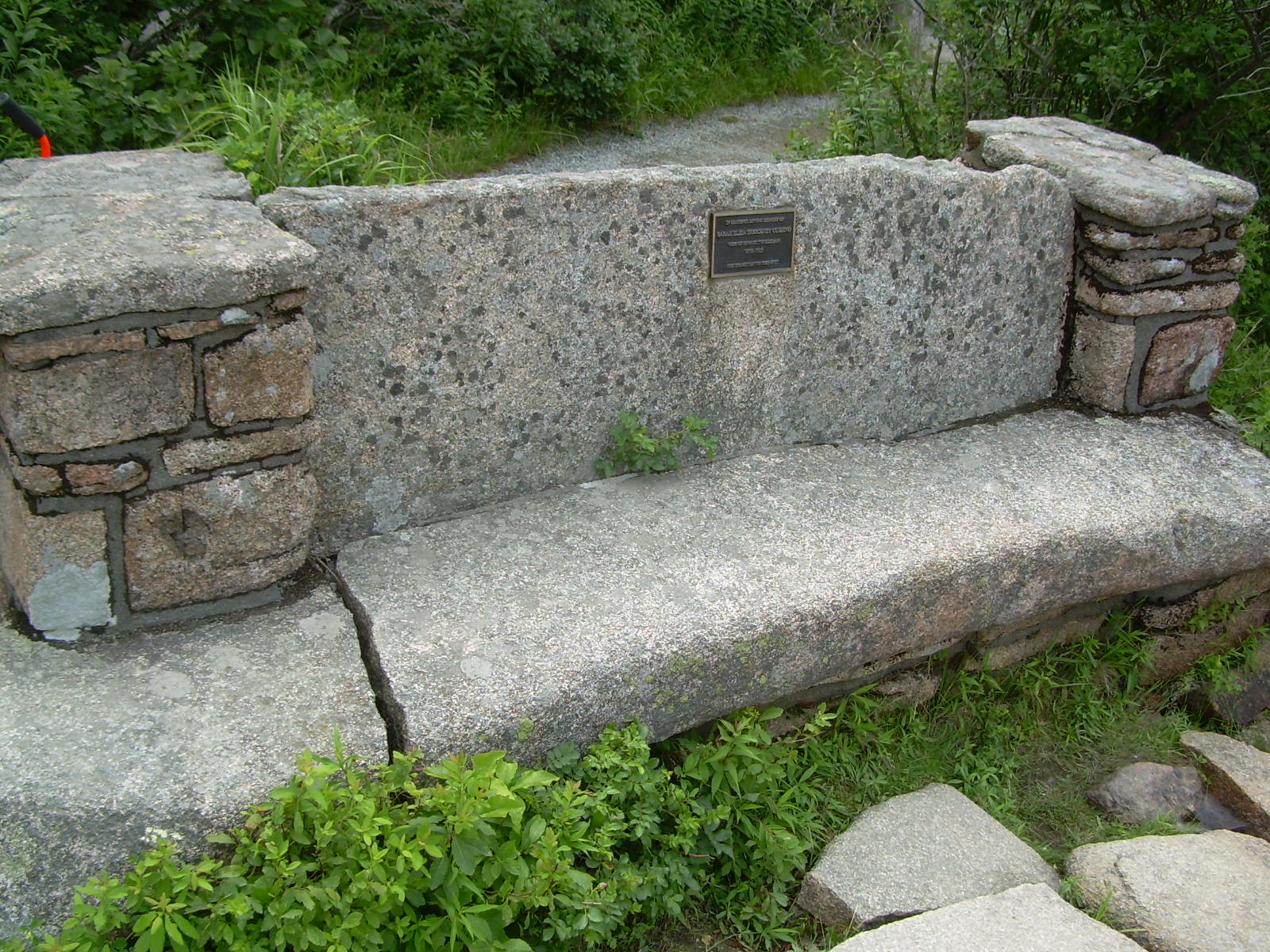 Sarah's bench and plaque in its current state of disrepair. The stone bench is leaning toward the Pond and is cracked in several places.