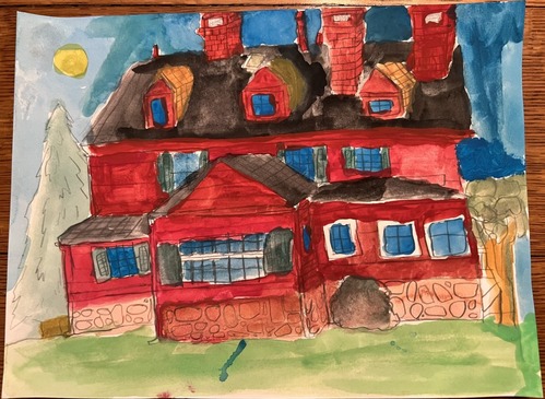 A painting of a backside of a three floor red house with several windows.