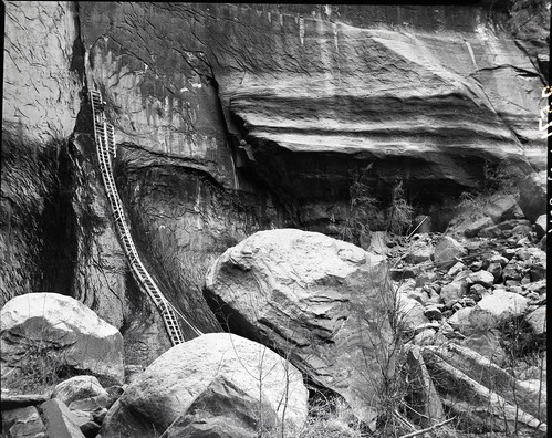 Construction of ladder to the spring on the wall at the Temple of Sinawava. Water supply for the comfort station at Temple of Sinawava.