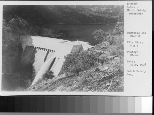 745. Stone Photo. Hetch Hetchy Dam. Huge project of the City of San Francisco to impound the waters of the Tuolumne River. This is an intesting day's trip from Yosemite Vally. From James V. Lloyd, Information Ranger, Yosemite National Park, Calif.