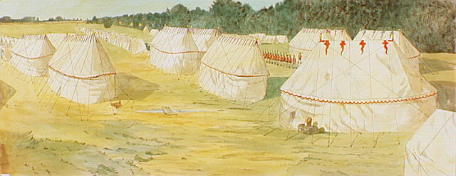 British encampment showing a marked contrast to the officers' marquees. Hundreds of enlisted men's tents housed some 4000 soldiers.
