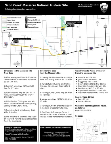 Directions to Sand Creek Massacre NHS from Eads, CO and travel times to points of interest.
