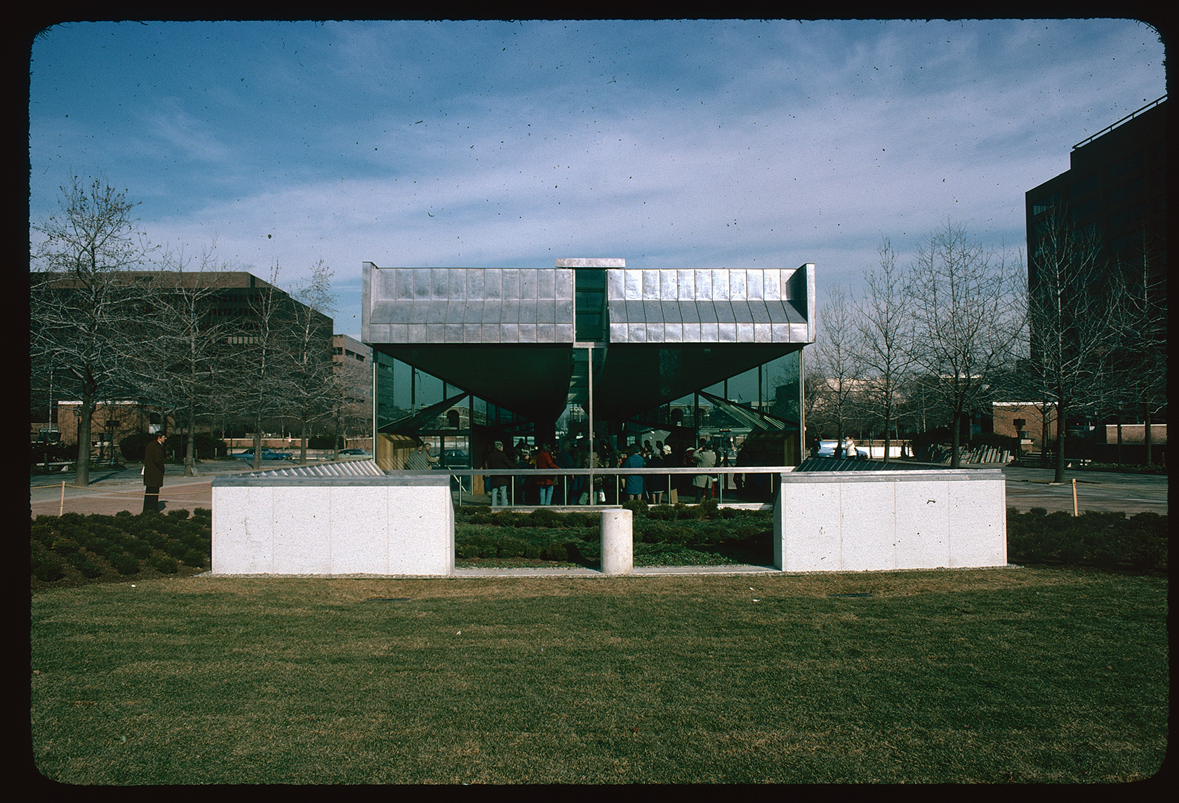 Bell Pavilion. Exterior. Rear face. Looking northeast from Independence Mall, towards Market Street.