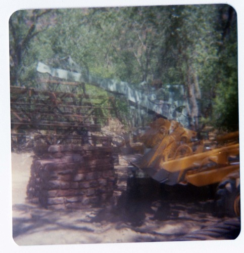 Construction vehicle working during the emplacement of the new Zion Lodge footbridge.