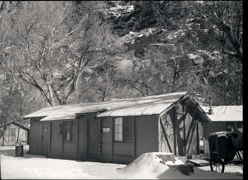 Linen house, chemical cart house at Zion Lodge after snow.