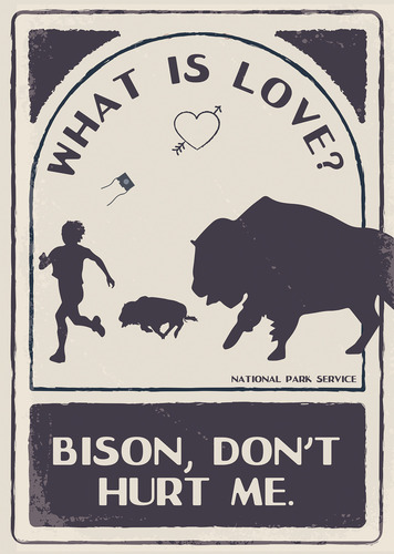 Digital valentine with text reading "What is Love? Bison, Don't Hurt Me." and an illustration of a person running from an adult and baby bison