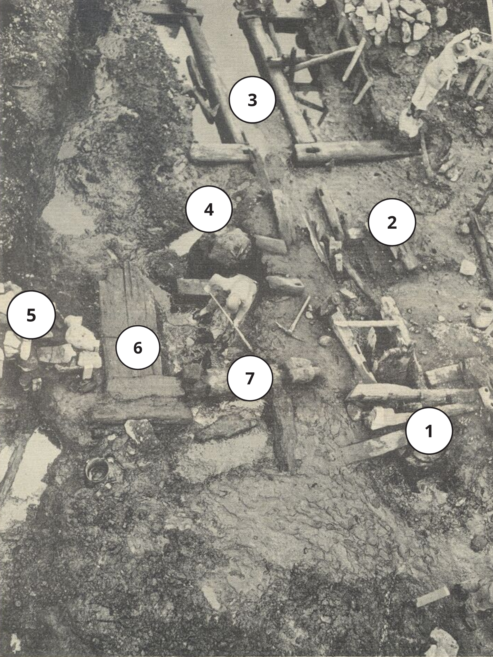 The grainy published photograph shows Roland Robbins excavating in the Jenks area at Saugus Ironworks. Numbers are illustrated in the photograph to identify specific features that were uncovered. The numbers have been modified for clarity.