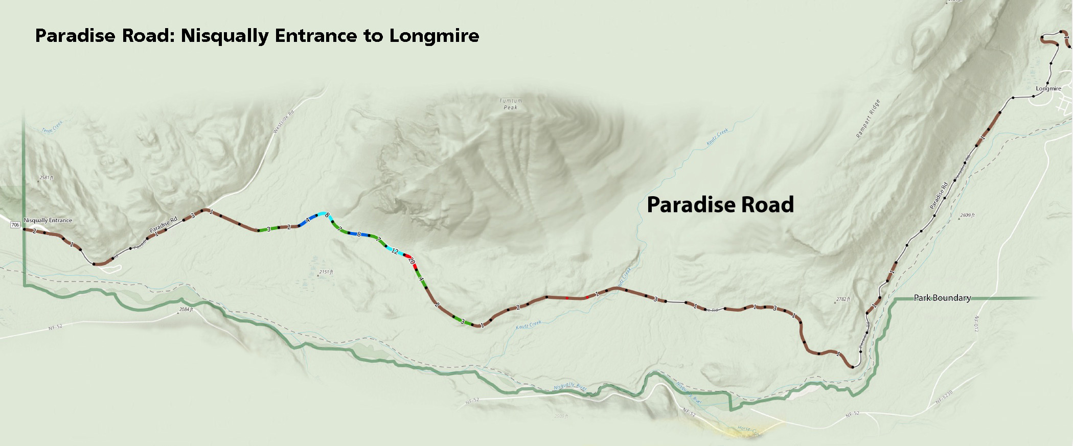 A map of a road broken into 0.1 mile road segments with color shading and numbers indicating the number of amphibians observed in each segment. 