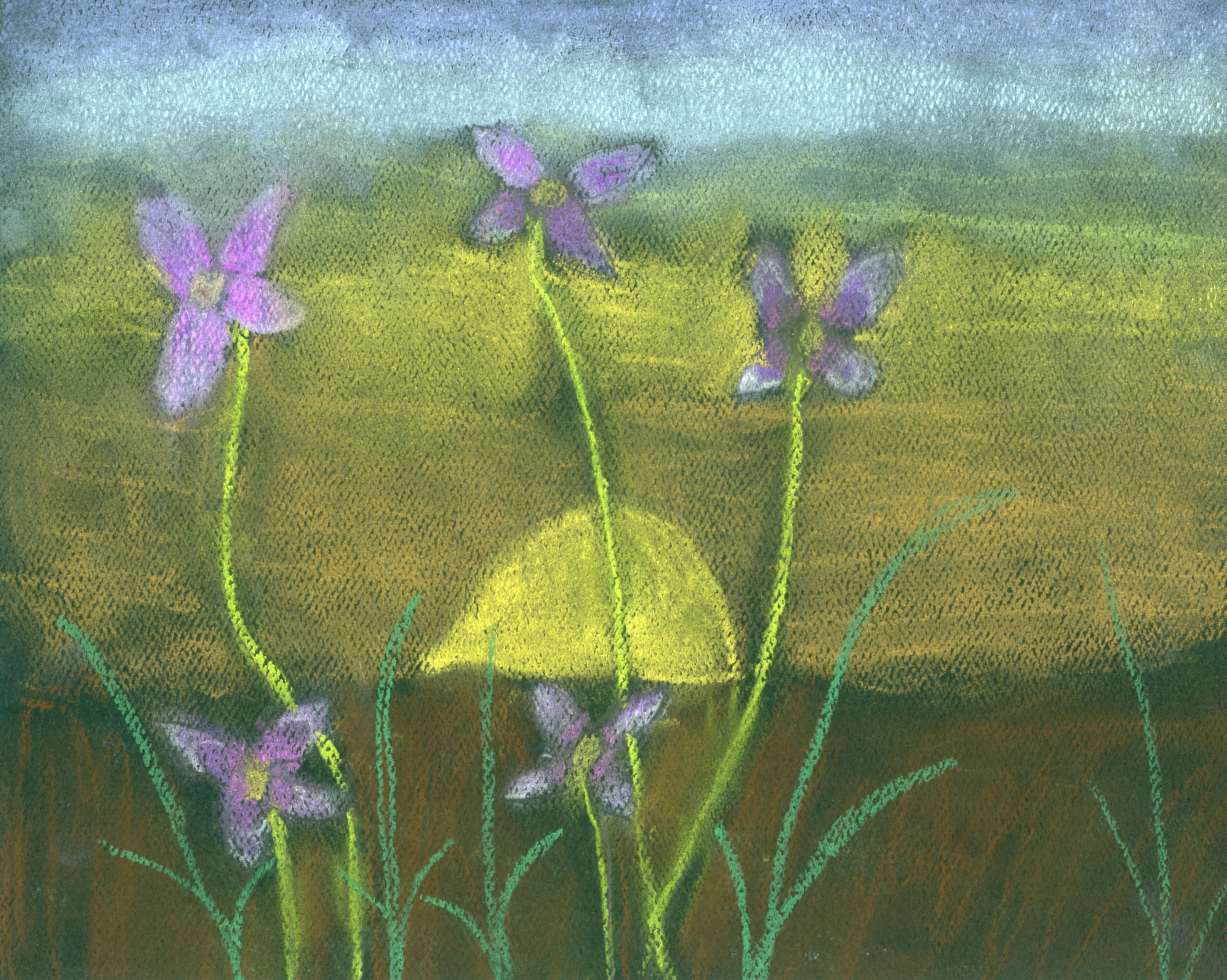 pastel drawing of blue flowers on long stems