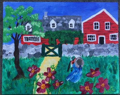 A painting of a artist painting a red building in the background.