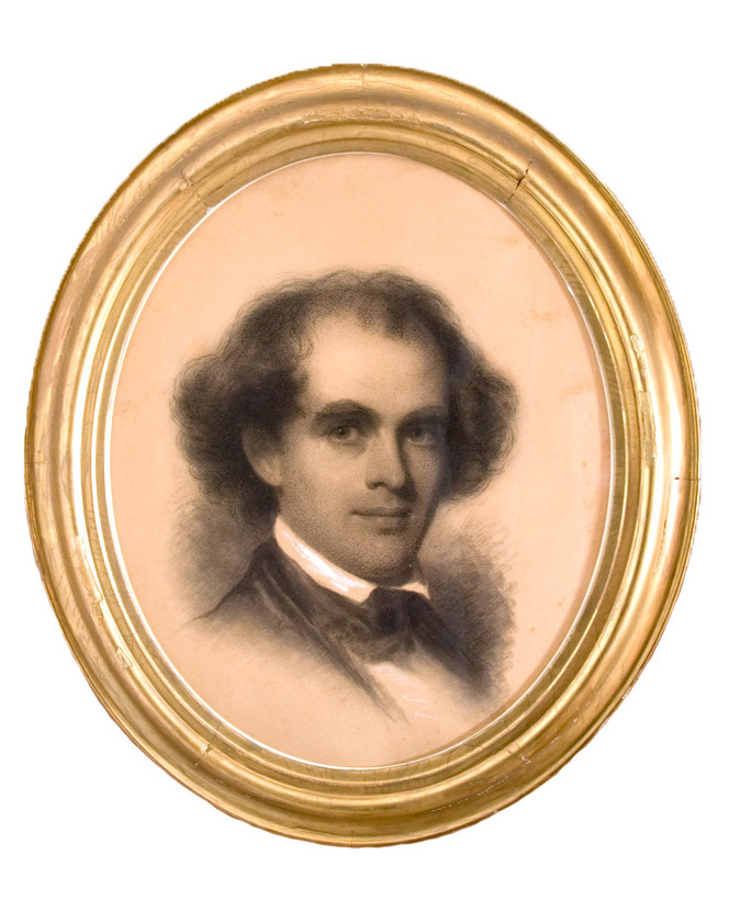 Bust-length portrait of man in charcoal with chalk highlights in gold oval frame