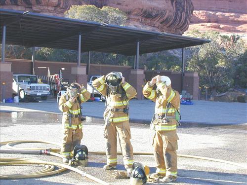Firefighter crew photos during structural fire training at Mesa Verde National Park, 2001