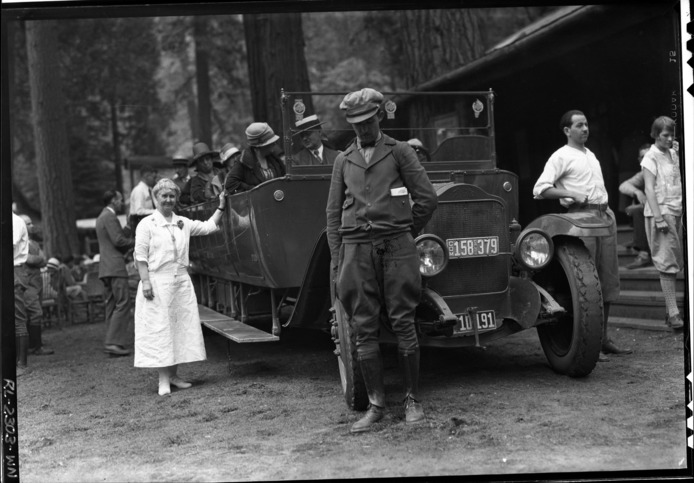 Copy Neg: Leroy Radanovich, December 2001. Auto stage ready to leave Camp Curry. Mother Curry in white on the left.