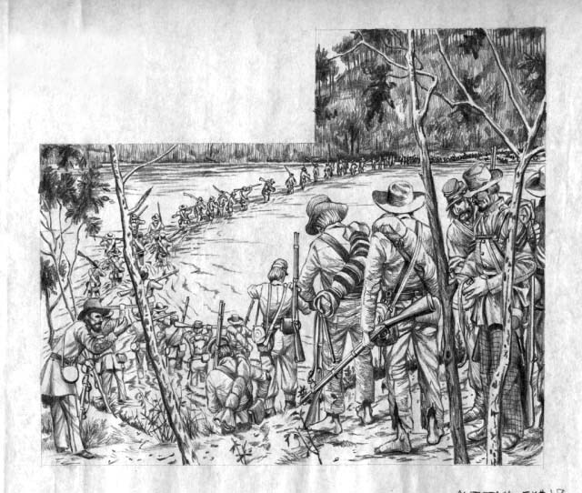 Confederate Maj. Gen. A.P. Hill's Light Division crossing the Potomac River and turning downstream and onto the towpath of the Chesapeake and Ohio (C&O) Canal. View is from [West] Virginia to Maryland.