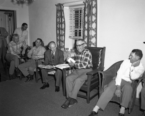 Retirement party for Arden Schieffer left to right: Charlie Humberger, Ed Clark, Ad Dennett, Superintendent Frank R. Oberhansley, Arden Schieffer, Walt Hosey.