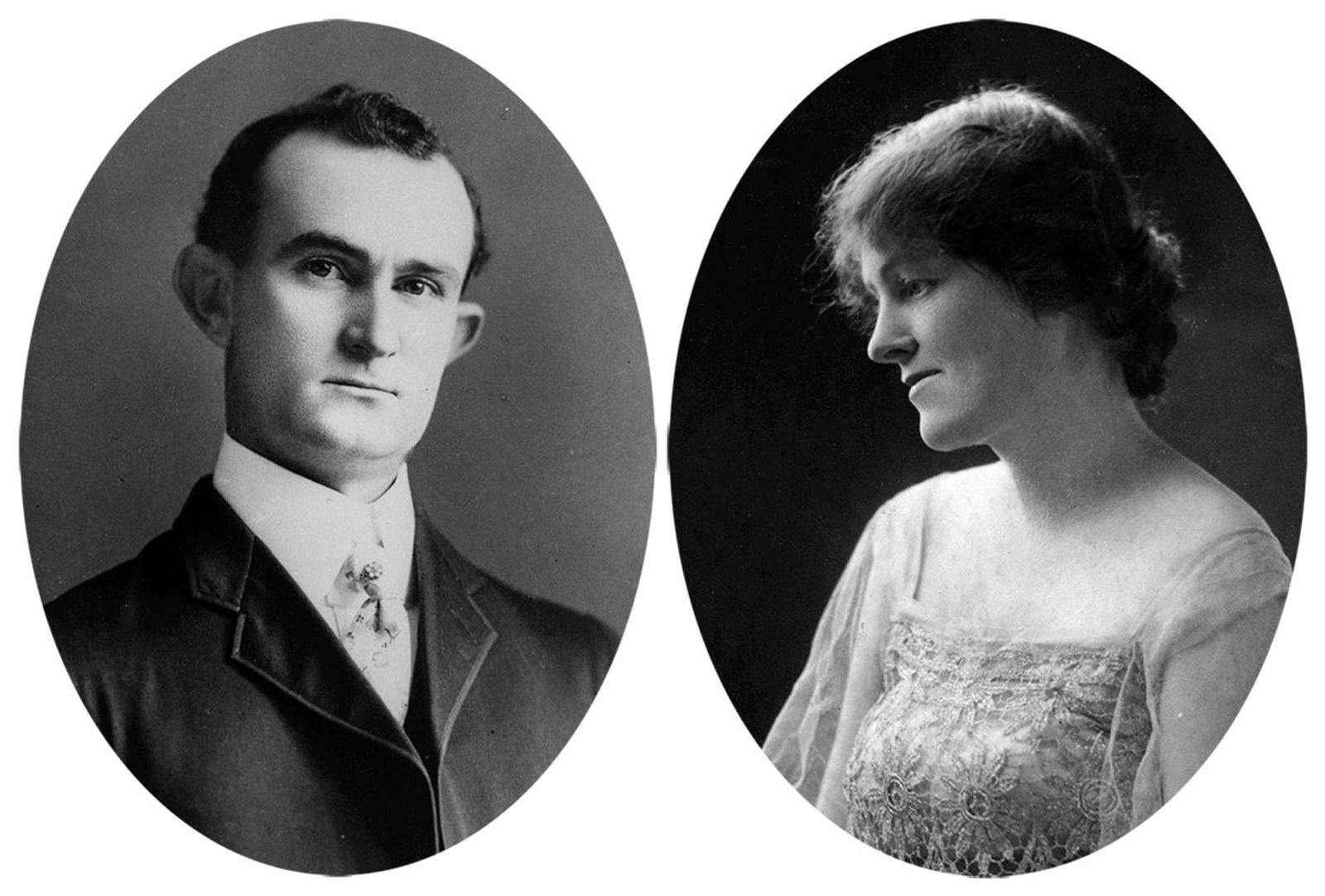 Black-and-white portraits of a man in a suit and tie and a woman in a lace dress.