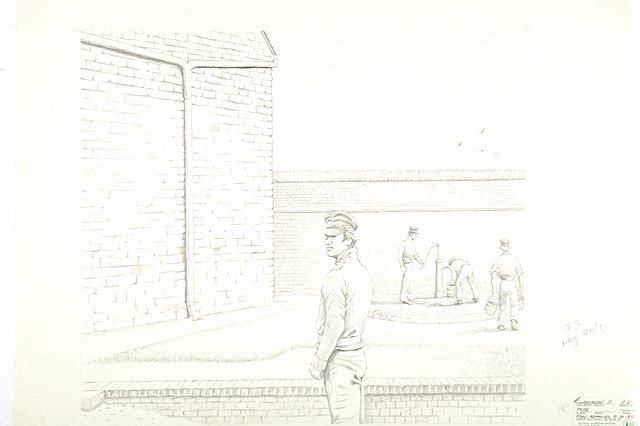 Soldiers using a handpump to collect water from one of the four cistern water supply systems located within Fort Washington.