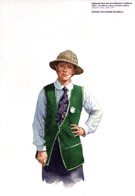 Three-quarter view of a female National Park Service (NPS) Ranger wearing a green civilian vest and a soft, plaid hat, about 1926.