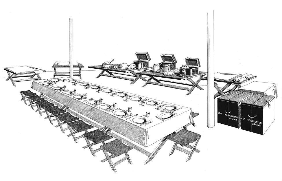 Interior view of Gen. George Washington's dining marquee (tent) showing various articles of furnishings (tables, canvas stools, etc.) in preparation for a meal.