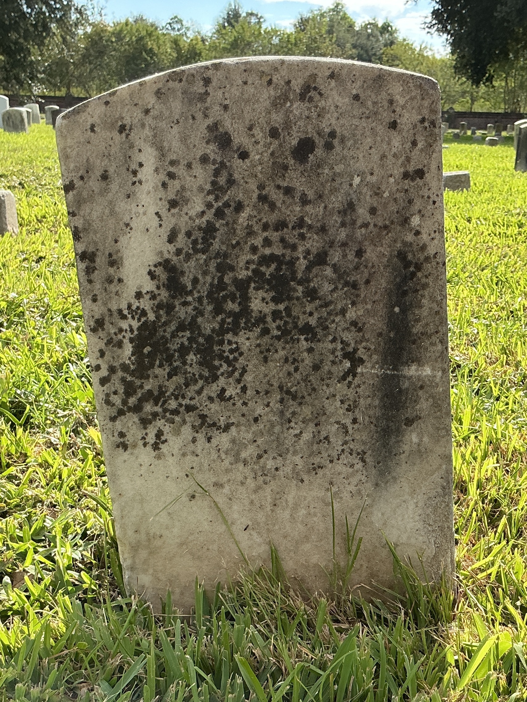 Back of historic upright marble headstone with recessed shield face.