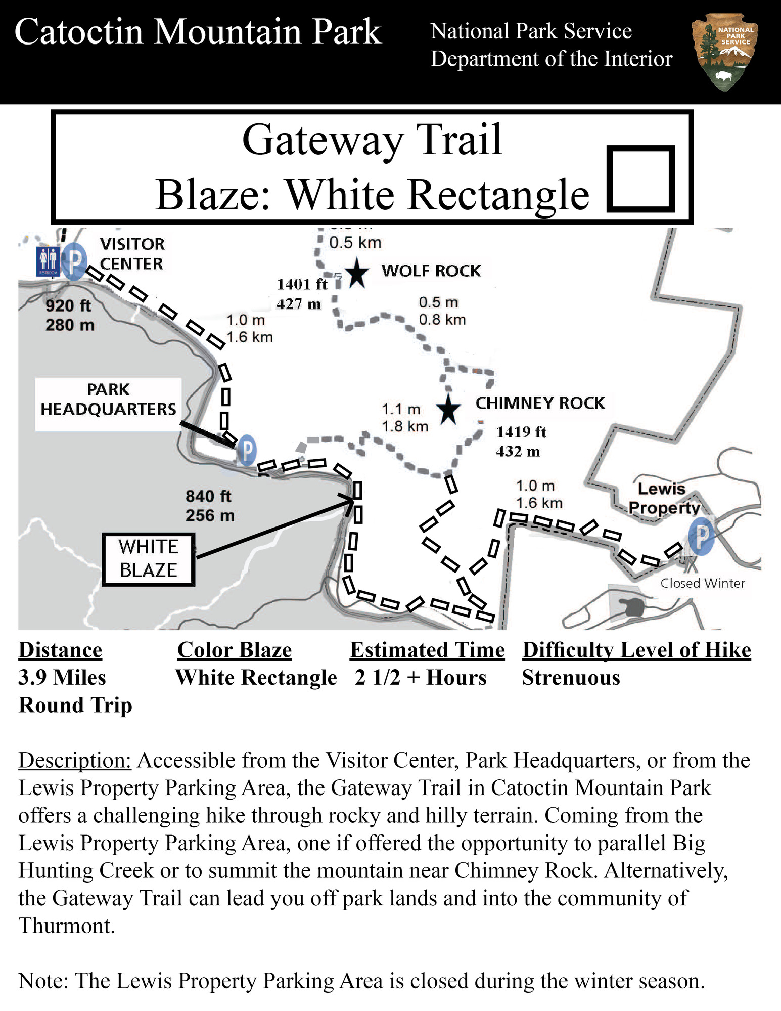Map showing the hiking trail. The text on the map is as follows.  
Trail Name: Gateway Trail, Distance: 3.9 Miles, Color of Blaze: White Rectangle, Estimate Time: 2 1/2+ Hours, Difficulty: Strenuous, Description: Accessible from the Visitor Center, Park Headquarters, or from the Lewis Property Parking Area, the Gateway Trail in Catoctin Mountain Park offers a challenging hike through rocky and hilly terrain. Coming from the Lewis Property Parking Area, one if offered the opportunity to parallel Big Hunting Creek or to summit the mountain near Chimney Rock. Alternatively, the Gateway Trail can lead you off park lands and into the community of Thurmont. Note: The Lewis Property Parking Area is closed during the winter season.