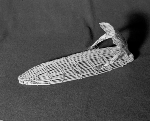 Marie Rozier Collection, Catalog No. - No #. Object: Miwok cradle basket. Dimensions: 19". Materials: Willow, split shoots, red wool yarn. Technology: Plain twined hood, up to right slant of stitches, alternate slant on hood. Collection History: Collected in Yosemite Valley ca. 1900. Photographed by Michael Dixon in December 1982. Catalogued by Craig Bates and Barbara Beroza. Yosemite Collections, National Park Service.