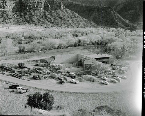 General view, just prior to erection of steel framework of lobby at Mission 66 Visitor Center and Museum.