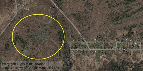 An arial image showing the former location of the Evergreen Bluff Mine