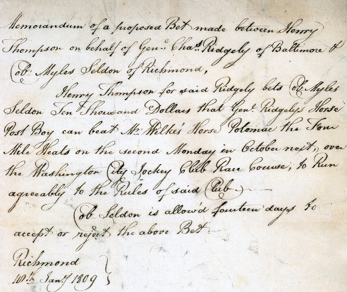 $10,000 wager (1809) on Post Boy