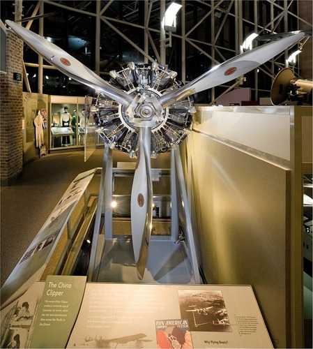 Photo head on of one of the three-blade engines from the China Clipper on display at the National Air and Space Museum.