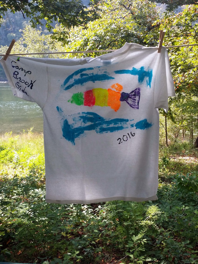 hand painted Camp Brookside fish print tee shirt