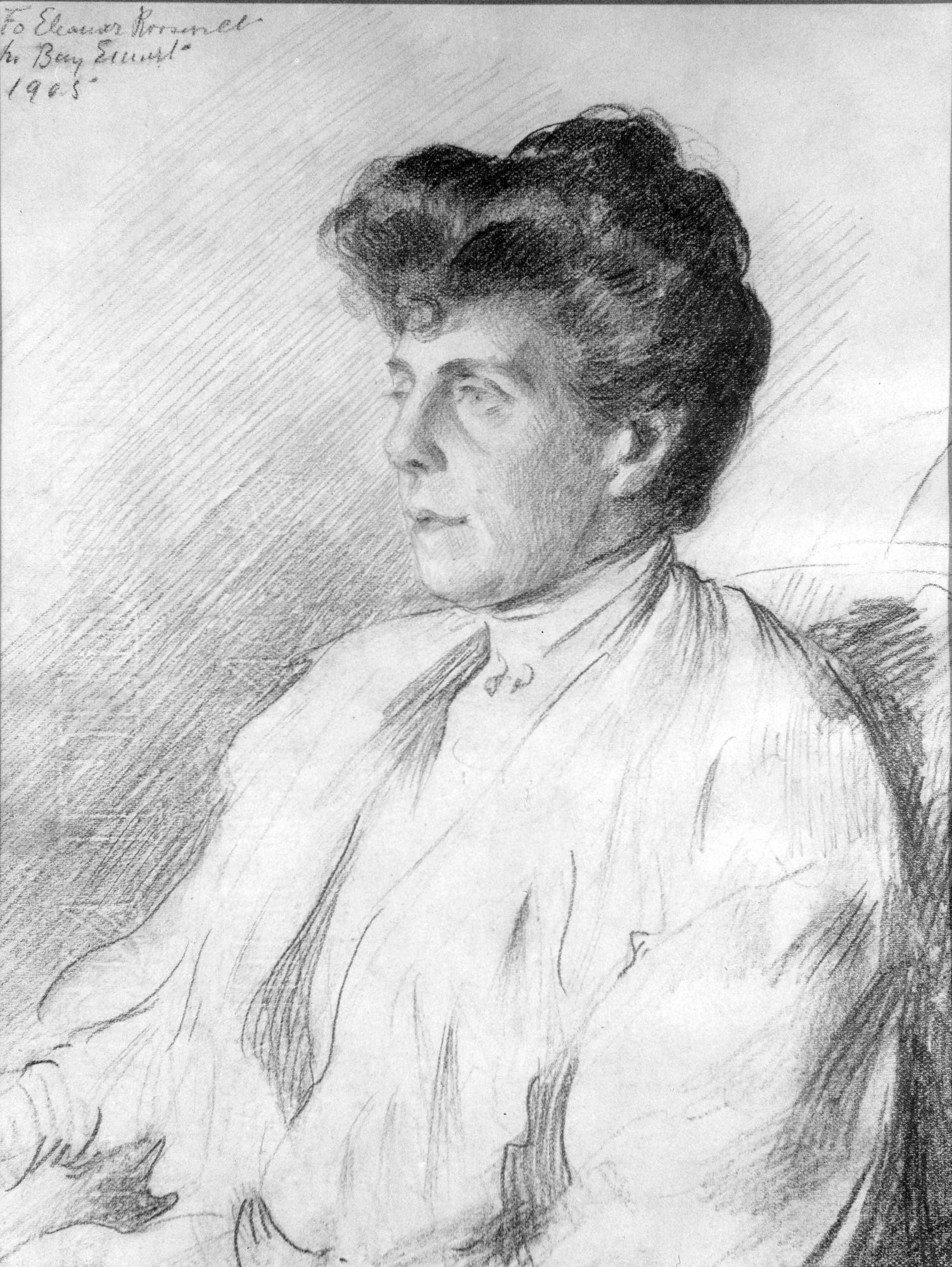 A half length portrait of a woman seated. There is writing in the upper left hand corner. 