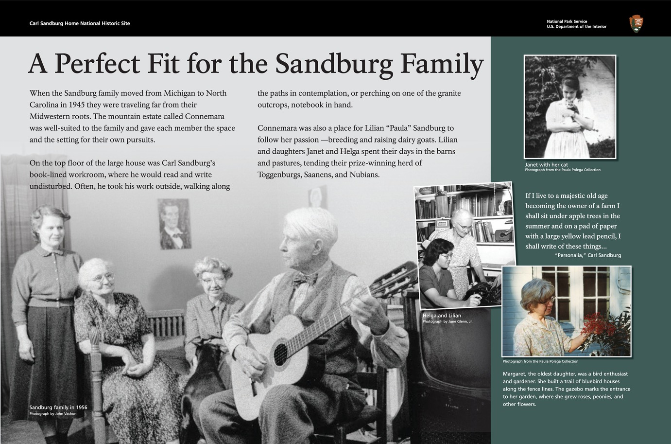 A historic photo of Carl Sandburg and his family singing together. A sidebar shows photo images of woman holding kitten, and a woman in the garden. Text explains the images