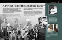 A historic photo of Carl Sandburg and his family singing together. A sidebar shows photo images of woman holding kitten, and a woman in the garden. Text explains the images