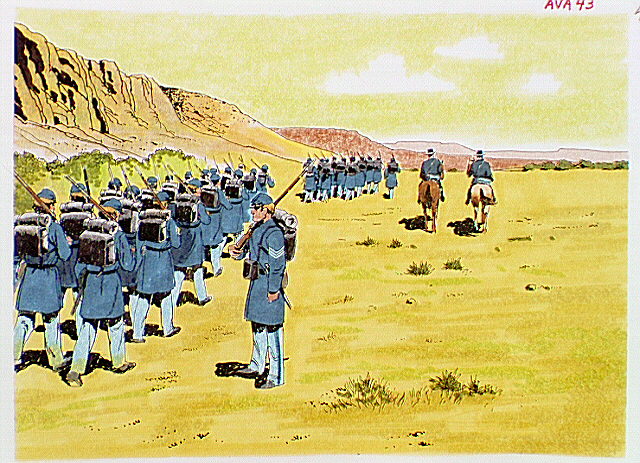Troops of the 8th United States Infantry marching across Texas plains to construct the first Fort Davis.