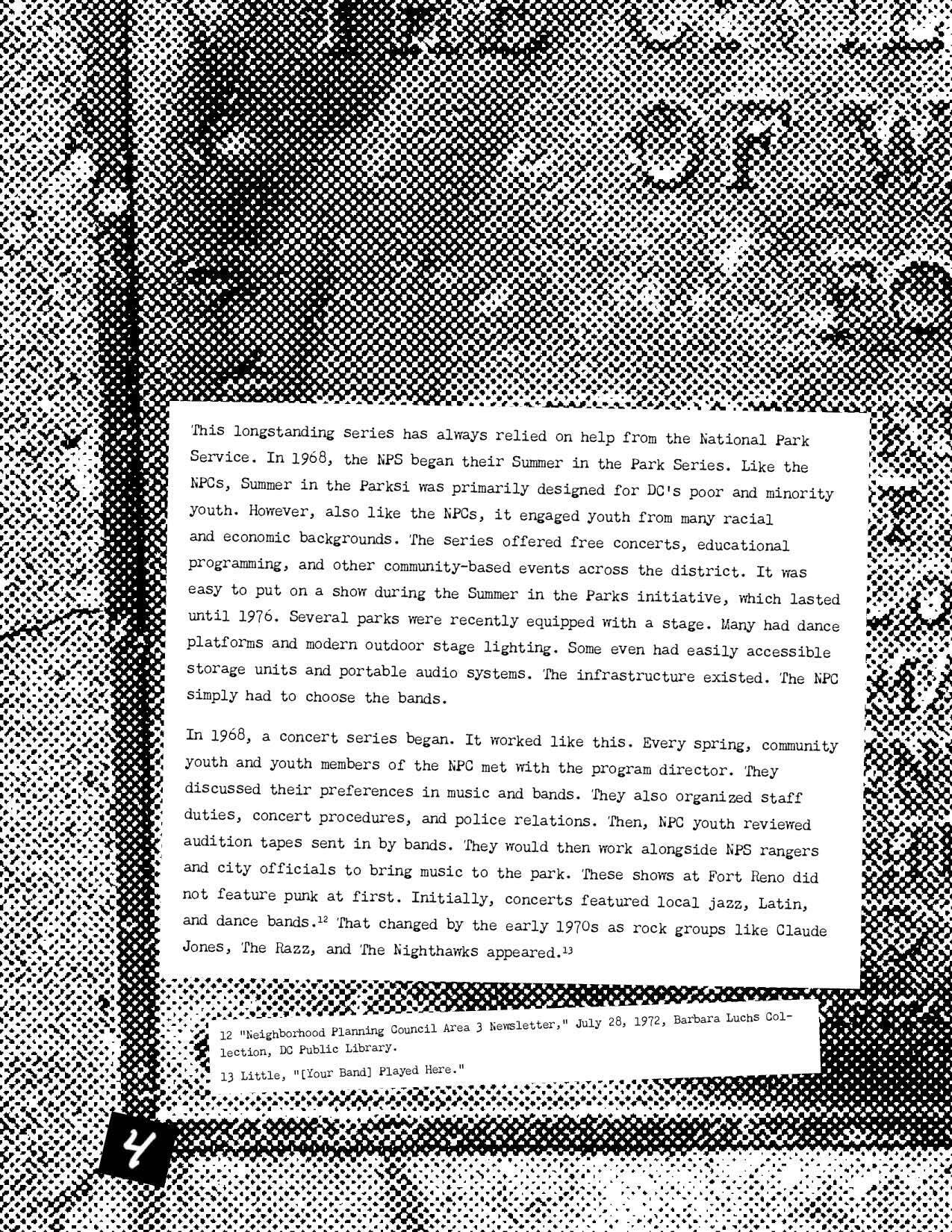 White boxes with black typewriter font. Half of a stippled photo of Fort Reno placard in black and white in the background.