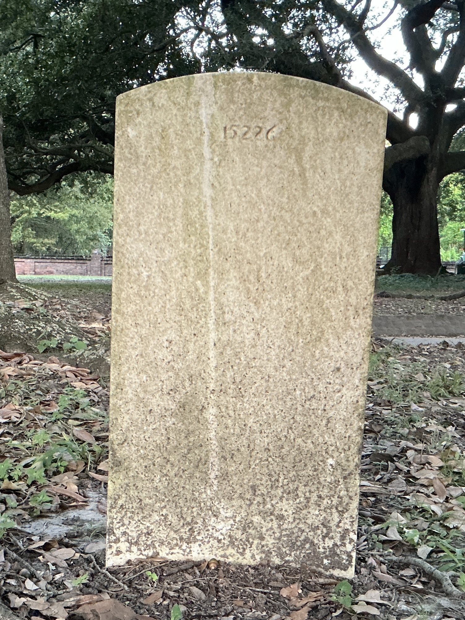 Back of upright marble headstone with flat face.