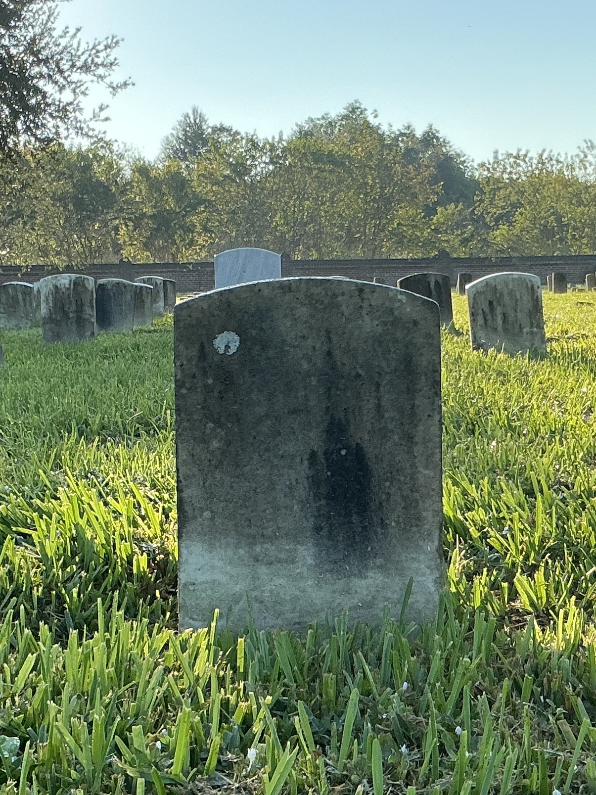 Back of historic upright marble headstone with recessed shield face.
