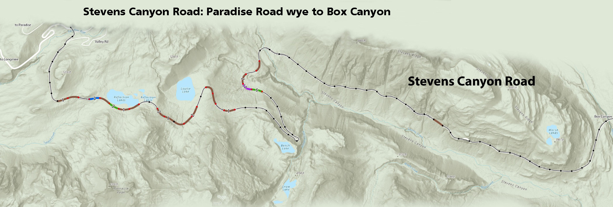 A map of a road broken into 0.1 mile road segments with color shading and numbers indicating the number of amphibians observed in each segment. 
