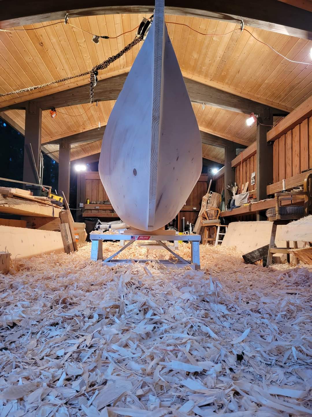 The bow of the canoe, image taken from a low angle.