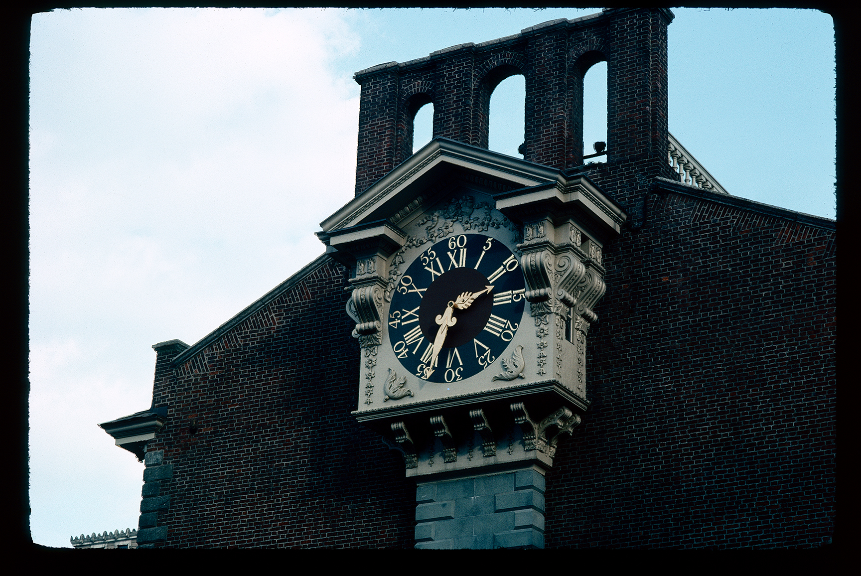 Independence Hall. Exterior. West wall clock. Looking up east. Wall clock, 2:35 PM.