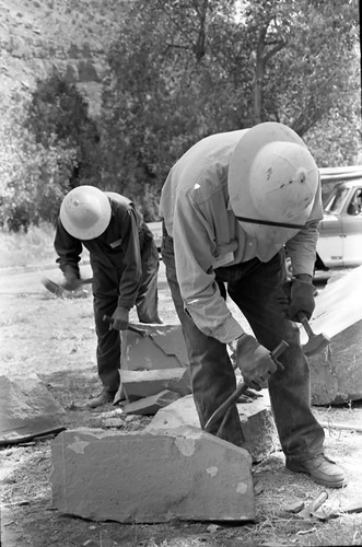 Jim Felton demonstrating stone cutting and rockwork at the second annual Folklife Festival, Zion National Park Nature Center, September 1978.