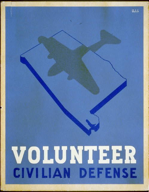 Blue poster of a shadow of a plane flying over the outline of the state of Alabama with the words: Volunteer Civilian Defense