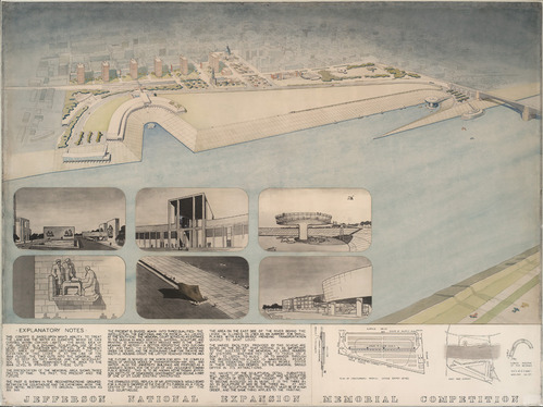 A large drawing of Armstrong's altered harbor, in the shape of a plow with six smaller drawings placed in the area of the river and text along the bottom