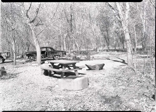 Concrete fireplace in campground.