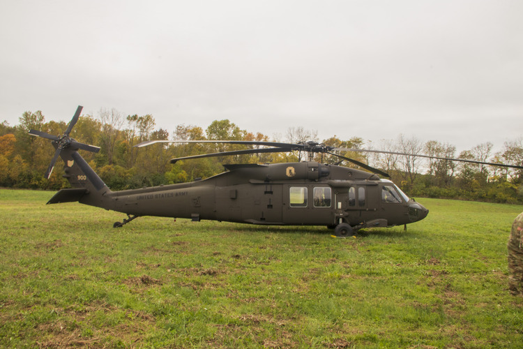 A dark-colored helicopter sits in a grassy field with its rotors in a fixed position, not moving. Multi-colored trees can be seen in the background.