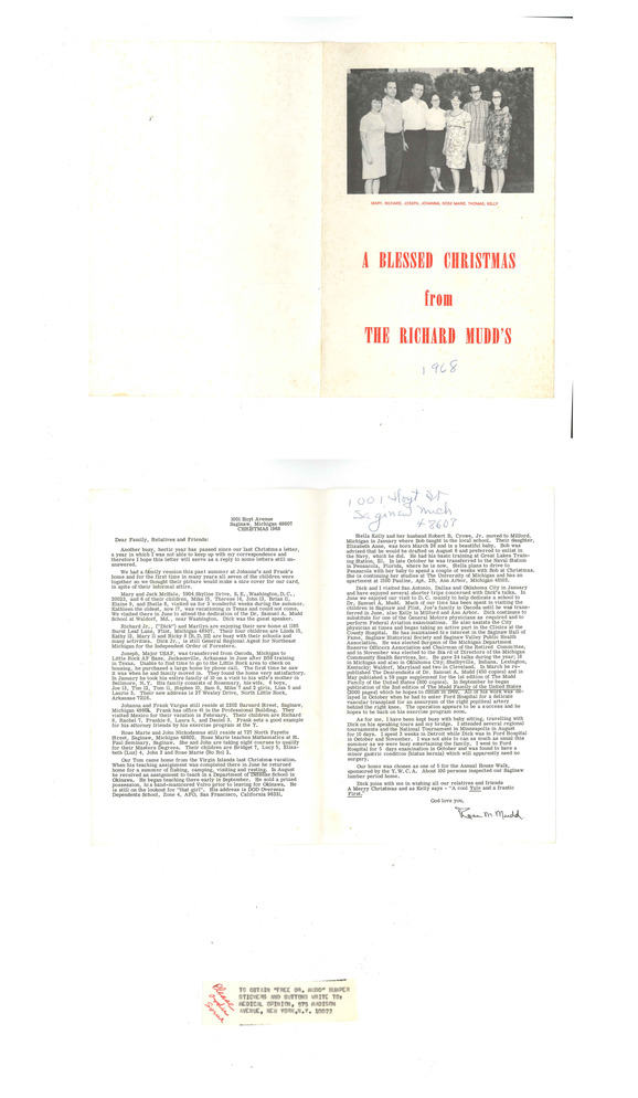 Three scans from the 1968 Mudd Family Christmas newsletters, typed, and includes a picture of the Mudd family. 