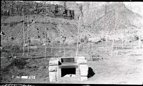Stone and brick fireplace in South Campground.