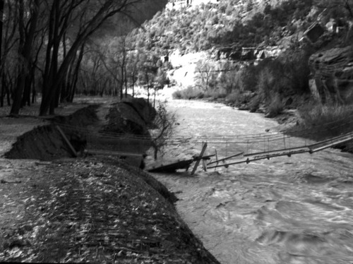 Flood damage - West Rim Trail bridge near Grotto Campground.
