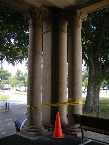 Failure of historic fieldhouse portico ceiling, East Potomac Park, September 2007. Needs repair.
